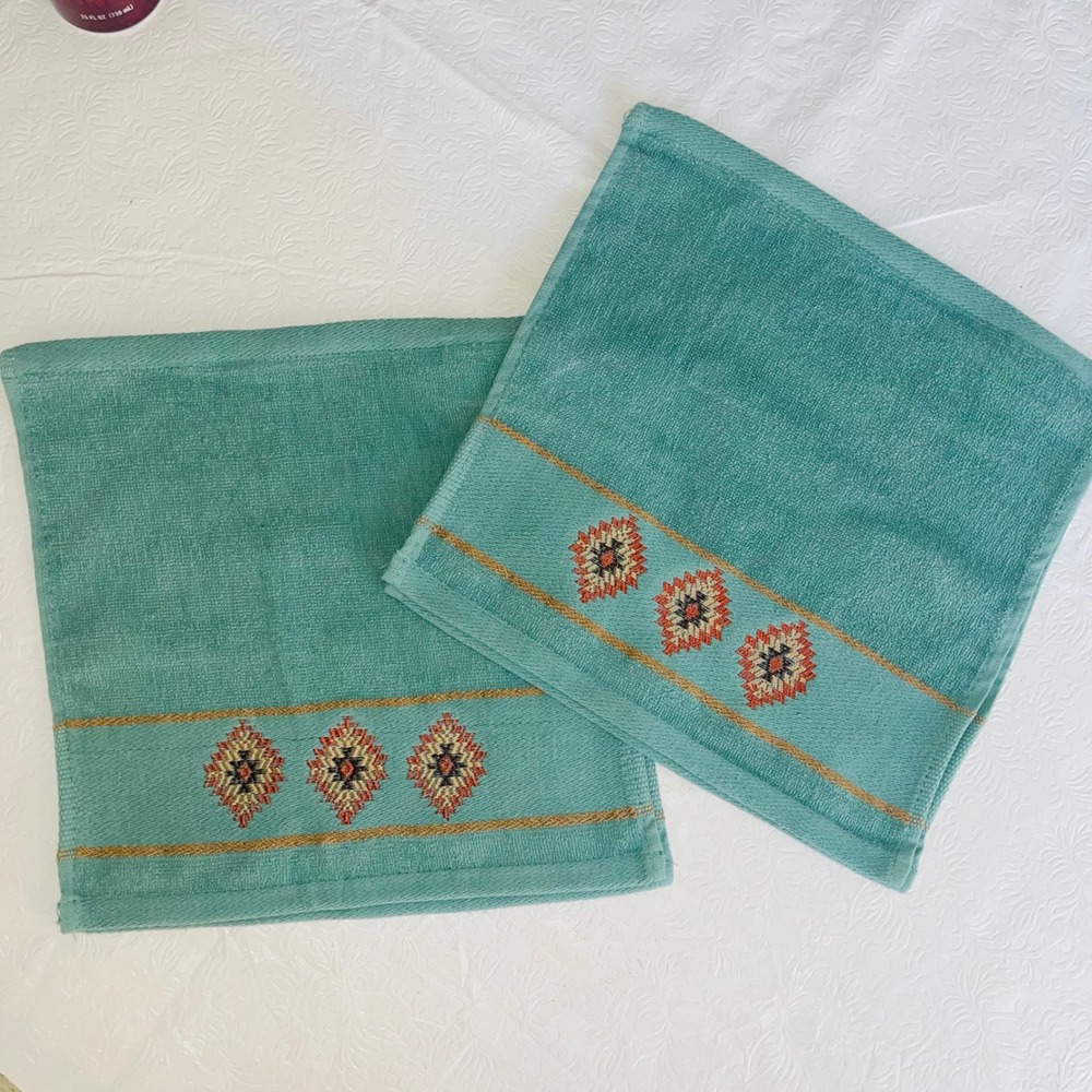 Vintage Canyon Sky Teal Green Southwestern Embroidered Hand Towels Set of 4